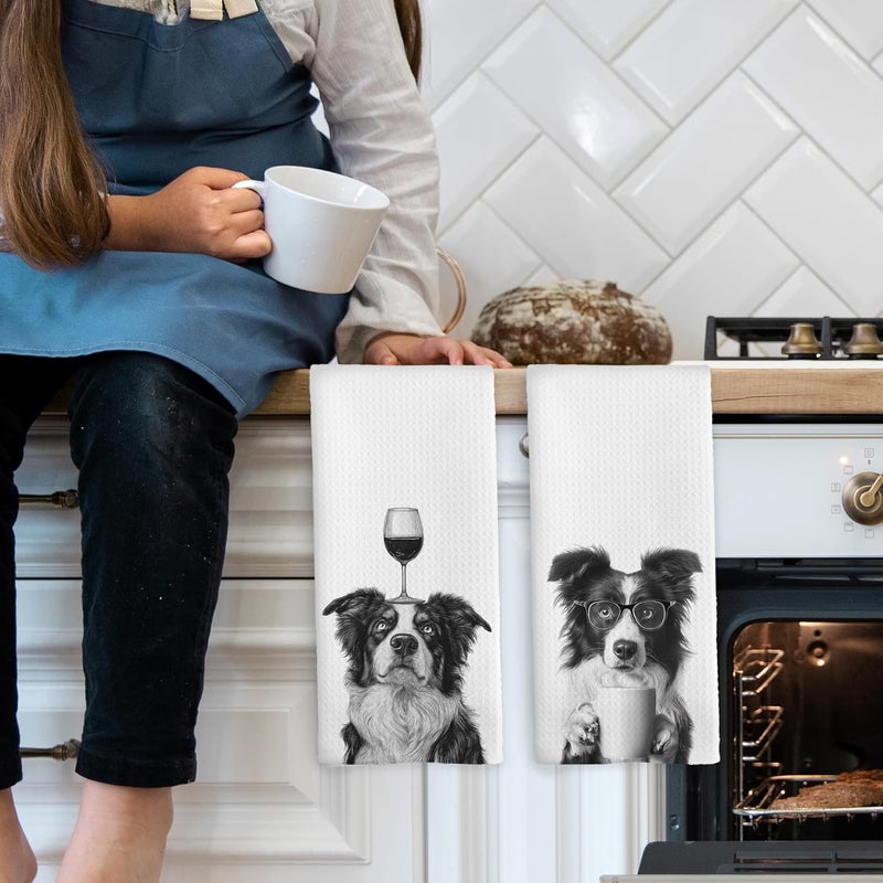 Mcehtle Funny Border Collie Kitchen Towels Set of 2, Funny Dog Kitchen Accessories, Coffee Station Wine Bar Decor, Dog Chef Gift Hand Towel, Dining Room Decorative Tea Towel Dish Towels 16x24 Inch - Image 3